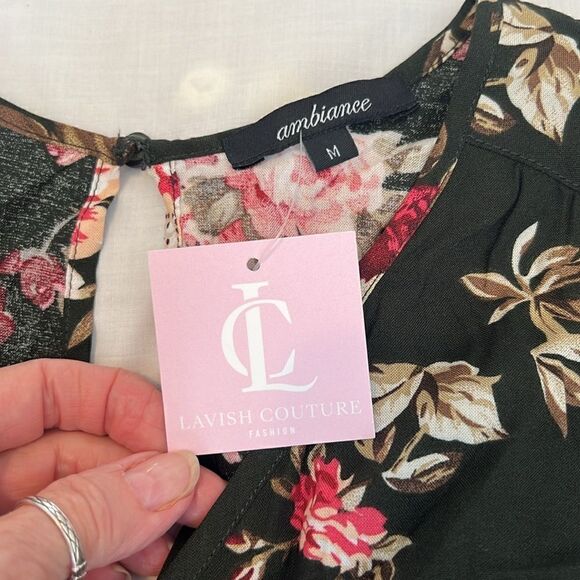 NWT Ambiance sizeM 3/4 sleeve black/red/pink flowered elastic waist short romper - Picture 5 of 11